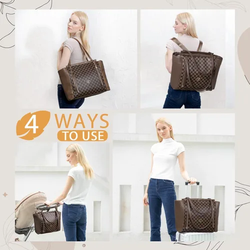 Miniatura 7 de Miss Fong Bolso de pañales de cuero con diseño a cuadros, mochila de gran capacidad para mamá, bolso hospitalario, con 12 bolsillos, bolso de viaje