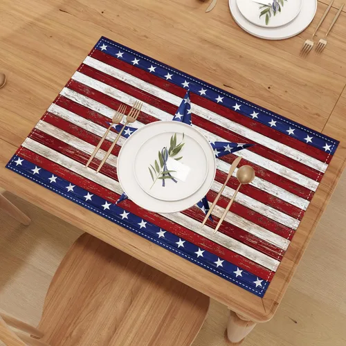 Miniatura 4 de Juego de 4 manteles individuales patrióticos con diseño de acuarela de bandera americana, color rojo, blanco y azul, 4 de julio, Día