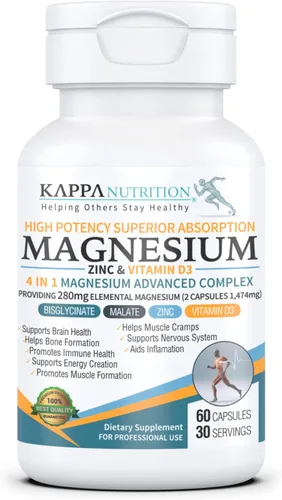 Kappa Nutrition Magnesio 4 en 1, 280 mg de magnesio elemental (bisglicinato, malato) + zinc y vitamina D3, cerebro, sueño, energía, músculo, apoyo