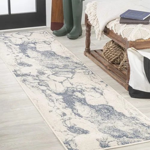 JONATHAN Y Marmo - Alfombra abstracta de mármol de 2 x 8 pies, azul/crema, moderna, contemporánea, fácil de limpiar, para sala de estar, dormitorio,
