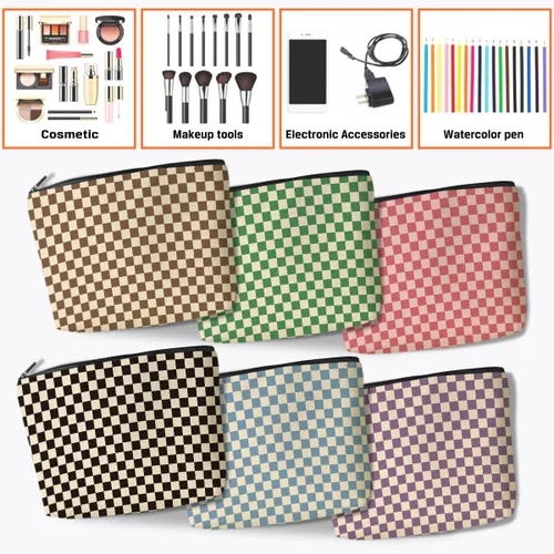 Miniatura 6 de Bolsa de maquillaje a cuadros retro colorida para mujeres, hermana, amiga, Navidad, cumpleaños, Cuadros 1250