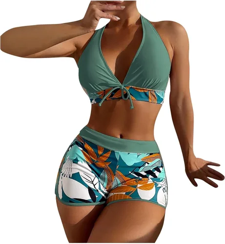 Traje de baño de dos piezas con estampado de cintura alta para mujer, traje de baño vintage con pantalón corto