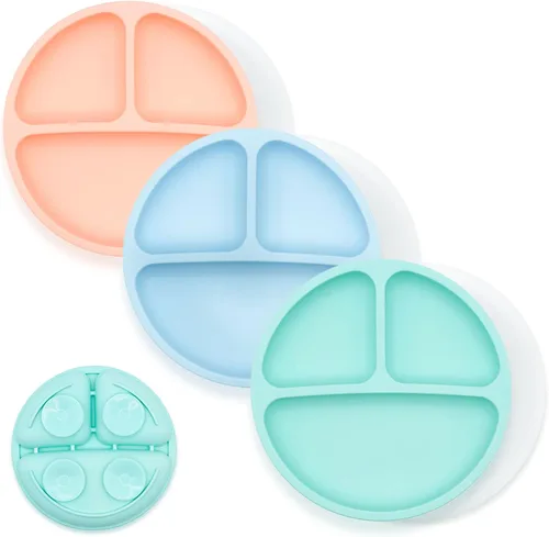 Miniatura 23 de WeeSprout - Platos de succión para bebés y niños pequeños con tapas, 100% silicona, diseño dividido para comedores selectivos, aptos para microondas