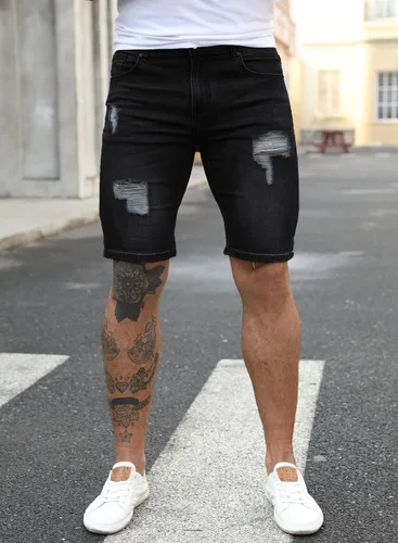 Miniatura 8 de JMIERR Pantalones cortos de mezclilla para hombre, estilo casual, elásticos, ajustados, lavados, desgastados, enrollados, rasgados, para hombre