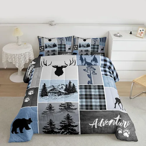 Miniatura 4 de Manfei Juego de edredón de astas de ciervo tamaño Twin, juego de ropa de cama rústica de granja navideña con huellas de oso para decoración