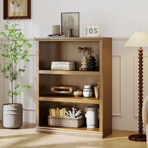 Miniatura 21 de blini Estantería de 2 estantes, estanterías de madera, 33 pulgadas de ancho, estanterías de exhibición y almacenamiento de pie, estanterías de roble