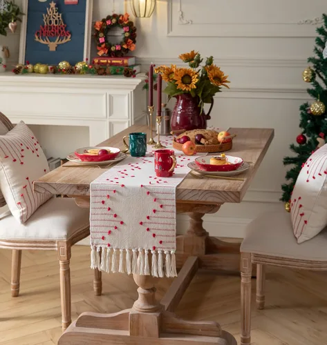 Miniatura 6 de Camino de Mesa Navideño de 13 x 108 Pulgadas de Largo, Algodón Natural Tejido con Borlas para Decoraciones Navideñas del Hogar y Comedor, para Rojo