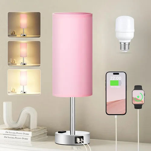Miniatura 11 de Fenmzee Juego de lámparas de mesa pequeñas táctiles regulables de 2 a 3 vías, carga USB A + C, salida de CA, base de grano de madera, bombillas