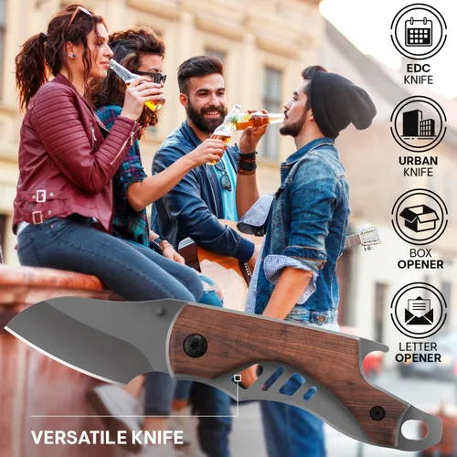Miniatura 5 de Cuchillo de bolsillo pequeño para hombres – Cuchillo de llavero de 5.7 pulgadas con abridor de botellas – Cortador de cajas – Mango de madera