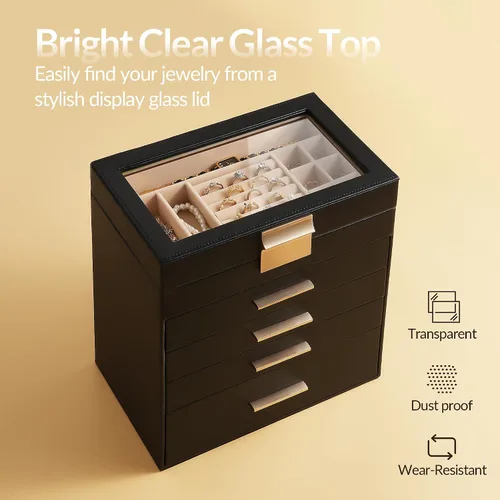 Miniatura 3 de Caja de joyería Somduy, caja de exhibición de joyería de 5 capas con tapa de vidrio para mujeres, 4 cajones, de gran capacidad para collares