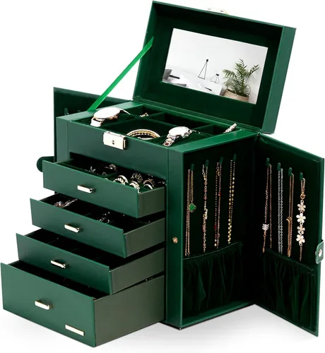 Miniatura 28 de Homde Regalos de Navidad de cuero sintético, enorme joyero, organizador de reloj con espejo, collar, anillo y aretes, estuche de regalo con Dorado