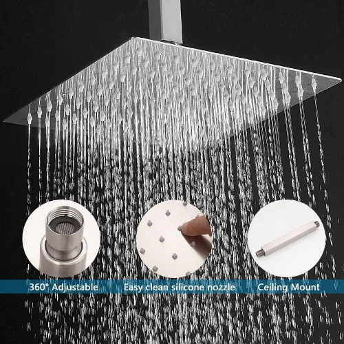 Miniatura 4 de Sistema de ducha montado en el techo de 10 pulgadas, juego de mezclador de lluvia, sistema de cabezal de ducha de lluvia, grifo de ducha de níquel