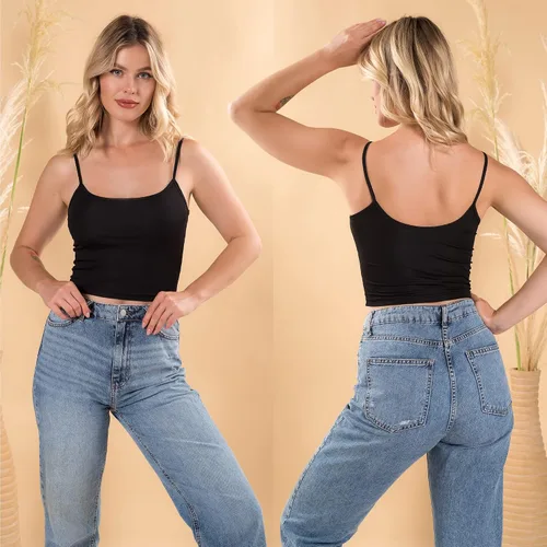 Miniatura 4 de Camisetas cortas para mujer, largas, blancas, negras, sexy, lindas, de entrenamiento, tirantes delgados, recortadas, de cintura alta, paquete de 2
