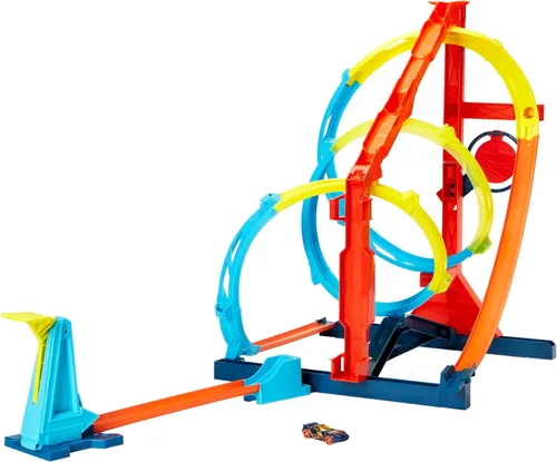 Hot Wheels Juego de pistas de coche de juguete, kit de torsión de sacacorchos ilimitado y vehículo a escala 1:64, 2 formas de correr, se conecta a