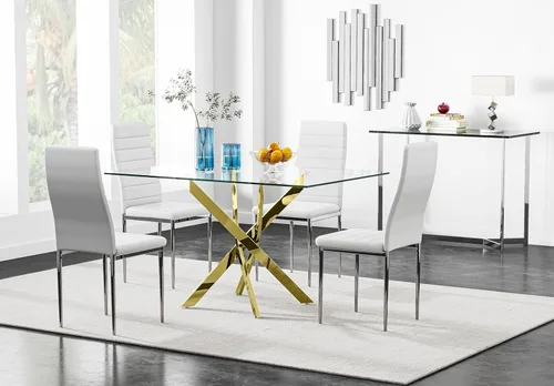Miniatura 5 de Mesa de comedor de vidrio dorado templado de 47.2 pulgadas para 4 personas, mesa de cocina rectangular de vidrio con patas cromadas, mesa de comedor