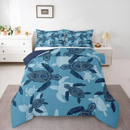 Miniatura 15 de Erosebridal Blue Ocean - Juego de edredón tamaño individual Juego de ropa de cama de ballena delfín y tortuga marina para niños y niñas, juego