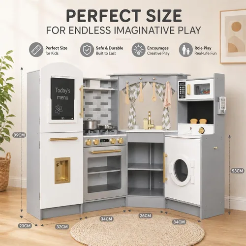 Miniatura 2 de Juego de Cocina de Madera Grande de Rincón con Juego de Hielo, Dispensador de Agua, Panificadora, Lavadora, Pantalla Electrónica, Fregadero de gris