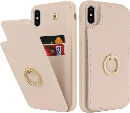 Lipvina Funda para iPhone X/XS con tarjetero, tarjetero de crédito, soporte de anillo, funda tipo cartera a prueba de golpes para mujeres y hombres
