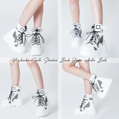 Miniatura 2 de mikarka Botas holográficas de plataforma para mujer, con cordones al tobillo, con hebilla, góticas, apiladas, de combate, botines de combate