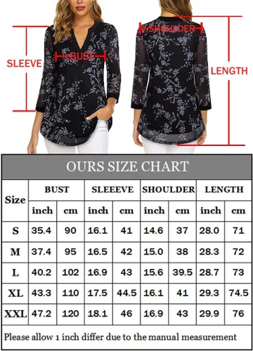 Miniatura 6 de Supnier Blusas elegantes para mujer, manga 34, cuello en V, con estampado floral, camisas de malla, ajuste holgado