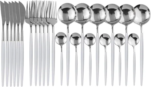 Juego de cubiertos de 24 piezas, acero inoxidable 18/0, cuchillo, cuchara y tenedor, mango blanco plateado, para 6 personas