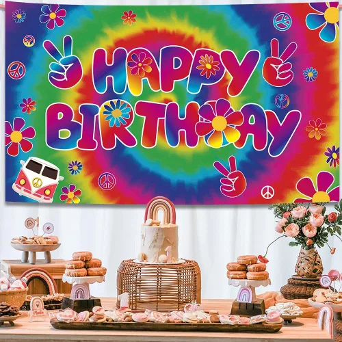 Miniatura 5 de Groovy - Telones de fondo de feliz cumpleaños con 70.8 x 43.3 pulgadas, pancarta de carnaval de los años 60, fondo retro hippie bohemio