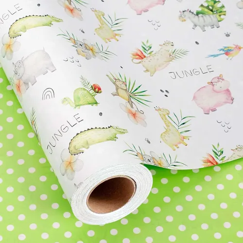 Burymento Papel de regalo de animales, diseño reversible de lunares, envoltura de regalo para baby shower, cumpleaños, San Valentín, día de la