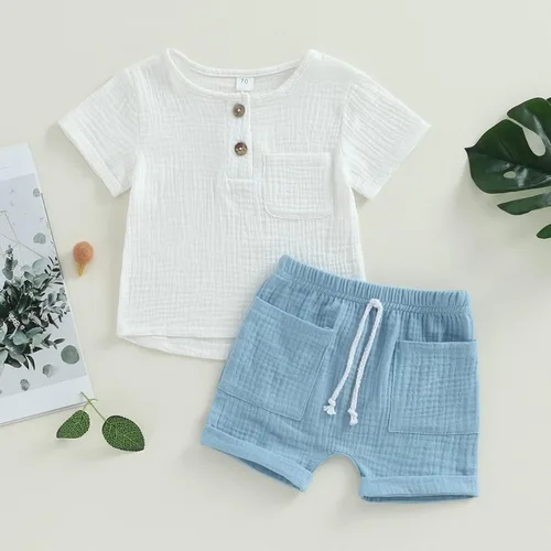 Miniatura 49 de fhutpw Conjunto de 2 piezas de ropa de verano para bebés, camiseta de manga corta, cintura elástica, pantalones cortos para niños pequeños
