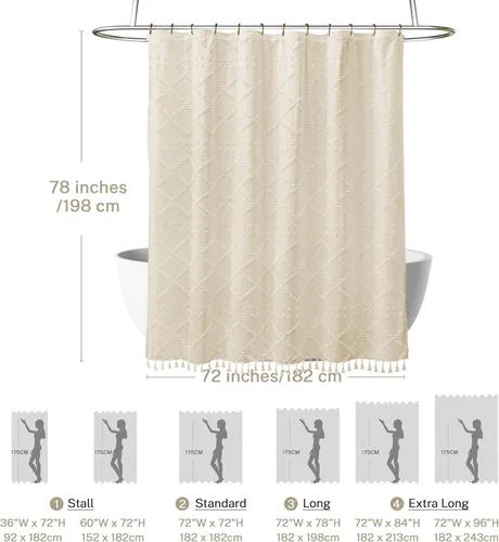Miniatura 4 de Siiluminisoy - Cortina de ducha extra larga estilo rústico bohemio, 72 x 78, crema/beige, con textura tuftada, diseño chevrón a rayas, cortina