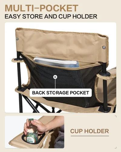 Miniatura 4 de MOBI GARDEN Silla de camping portátil para adultos, asiento y respaldo, silla cuádruple con 2 portavasos y bolsillo trasero de malla, bolsa de Negro