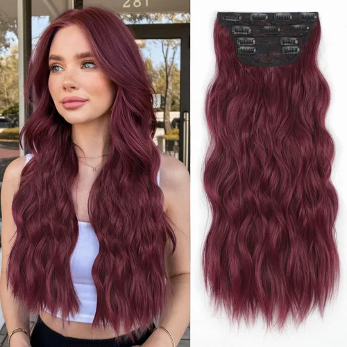 Miniatura 50 de ALXNAN Extensiones de cabello sintético largo y ondulado con clip, de 16 pulgadas, color negro natural, 4 piezas gruesas, fibra de doble trama