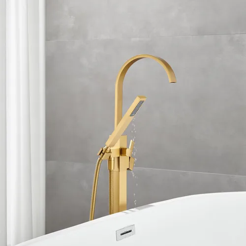 Miniatura 9 de Grifo de Bañera Independiente de Montaje en Piso Llenador de Bañera Latón Dorado Cepillado Grifos de Baño Mango Único con Ducha de Mano Oro cepillado