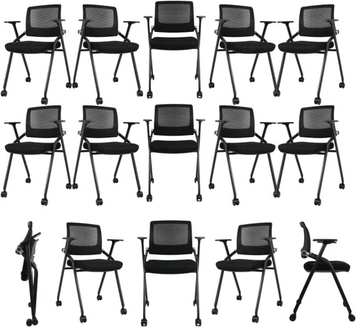 Miniatura 7 de Paquete de 2 sillas de oficina plegables con ruedas, respaldo de malla, brazos y portátiles, sillas de oficina plegables para silla de sala de Negro