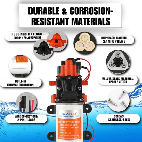 Miniatura 5 de SEAFLO Bomba de agua de la serie 22 - 12V, 1,3 GPM, 100 PSI - Bomba de presión de agua de diafragma bajo demanda para aplicaciones marinas, RV