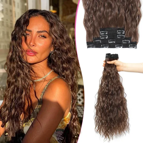 Miniatura 14 de Extensiones de cabello con clip de 20 pulgadas, 4 piezas, color sirena ondulado, rizado, grueso, invisible, trama de encaje color castaño ceniza