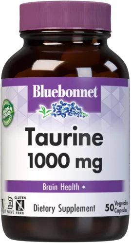 Bluebonnet Nutrición Taurina 1000 mg, Salud del sistema nervioso*, sin OMG, vegano, certificado Kosher, sin gluten, sin soja, 50 cápsulas vegetales,