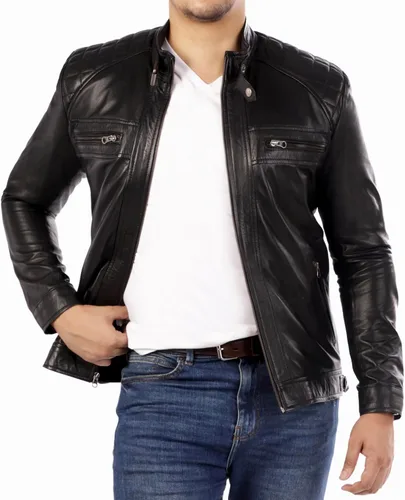 Chamarra de piel de cordero estilo diamante de lujo de la marca Jild para hombre - Chaqueta de motociclista estilo Café Racer vintage de piel
