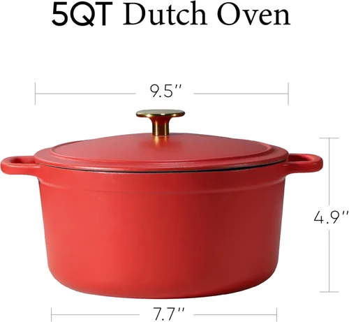 Miniatura 2 de CAROTE Olla holandesa de hierro fundido esmaltado de 5 cuartos con tapa, horno holandés de alta resistencia para hornear pan de masa madre, Rojo