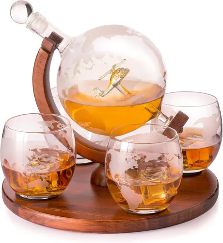 Miniatura 12 de Decantador del mundo grabado con globo de whisky, juego de regalo de whisky The Wine Savant con avión antiguo, piedras de whisky y 4 vasos de mapa