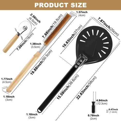 Miniatura 2 de Kit de accesorios para horno de pizza con cepillo para horno de pizza y raspador de piedra, mango largo perforado de aluminio de 7.8 pulgadas, rueda
