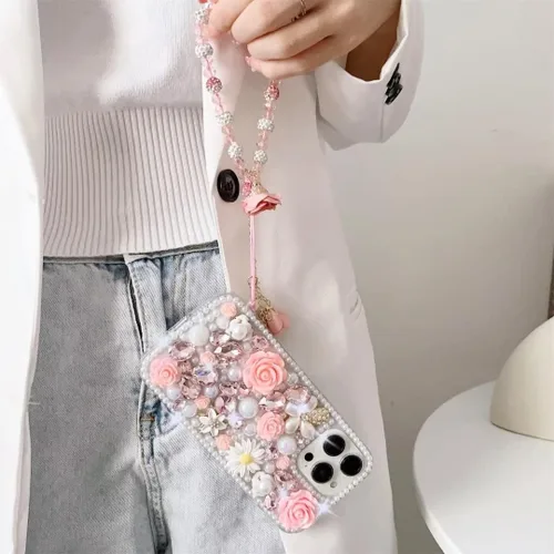 Miniatura 2 de para iPhone Xs/X Funda Bling, Funda de Lujo con Flores de Rincón de Cristal con Purpurina de Diamante y Perla para Mujeres, Niñas y Niños con Cordón