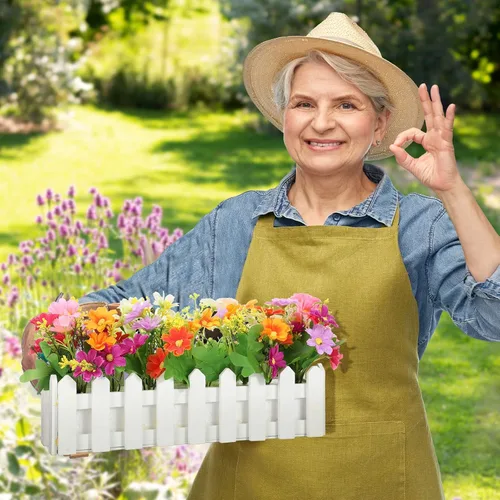 Miniatura 4 de Pinkunn 4 juegos de plantas artificiales en macetas, margaritas falsas en valla de piquete para exteriores, interiores, primavera, verano