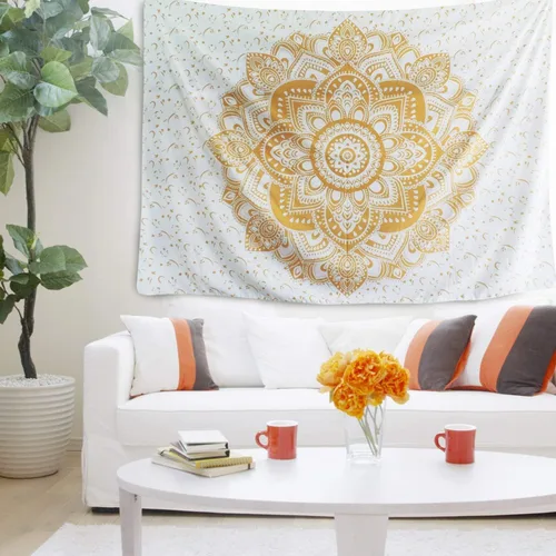 Miniatura 6 de GDONLINE Tapiz de mandala dorado teñido para dormitorio, tapiz de pared hippie para decoración de habitación, tapiz de algodón bohemio, tapiz indio