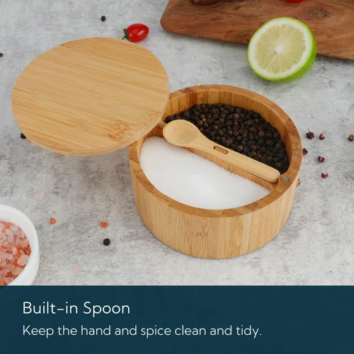 Miniatura 3 de KITCHENDAO Caja de bambú para sal y pimienta, recipiente dividido, cuchara de servir integrada para evitar el polvo, tapa giratoria para mantenerse