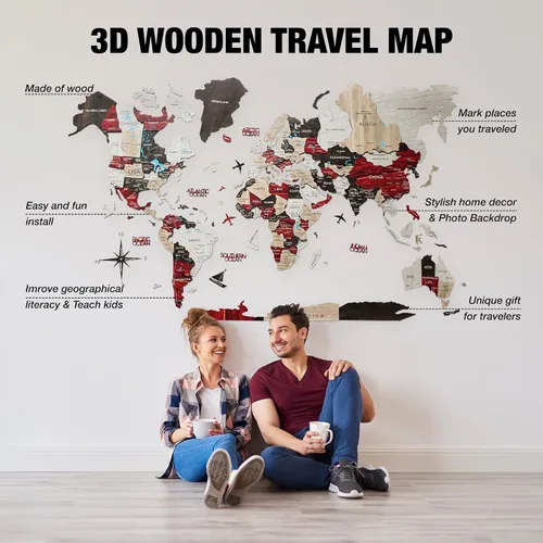 Miniatura 6 de Arte de pared de madera 3D hecho a mano con mapa del mundo, decoración de pared grande, rastrea tus viajes por el mundo, especial para el hogar