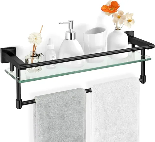 Miniatura 14 de Estante de baño de vidrio con barra para toallas, barra para toallas de acero inoxidable templado/estantes de baño de vidrio templado con riel