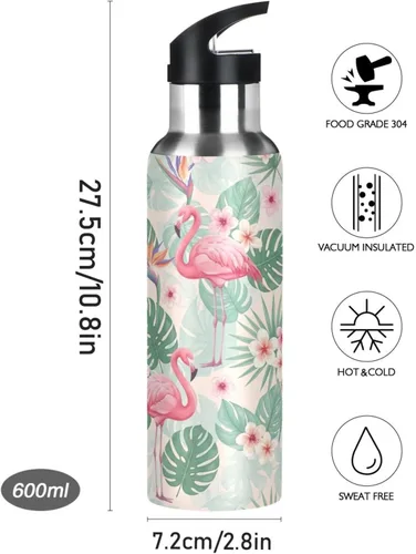 Miniatura 9 de Tropical Leaves Pink Flamingos Insulated Stainless Steel Water Bottle with Straw 32 Oz Leakproof Water Bottles, BPA-Free Sport Water Bottle