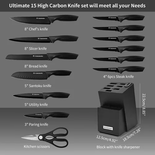 Miniatura 3 de Juego de cuchillos con afilador, juego de 15 cuchillos de acero inoxidable de alto carbono, juego de cuchillos de acero inoxidable, juego de Negro