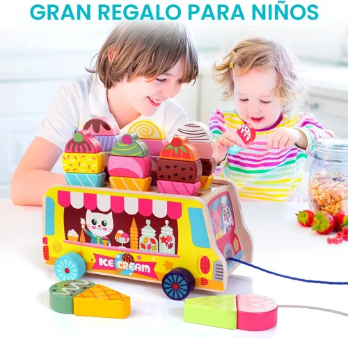Miniatura 7 de HELLOWOOD Camión de helados de madera, 28 piezas magnéticas de helados dulces, alimentos y accesorios, juguetes Montessori de clasificación