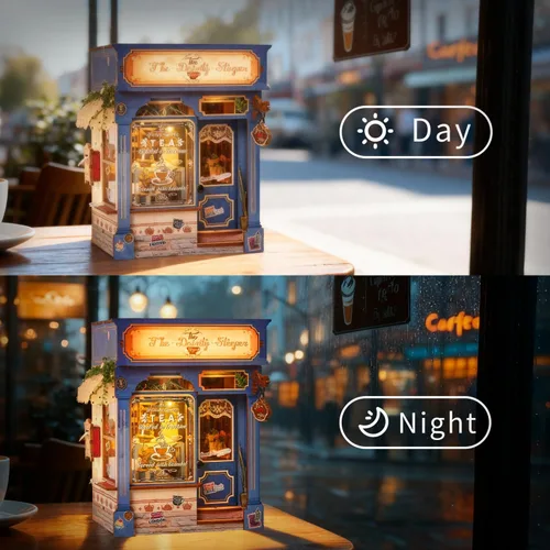 Miniatura 5 de Kit de rincón de libros, casa de té británica en miniatura, rompecabezas de madera 3D con luces LED, soporte para libros pequeño y decoración